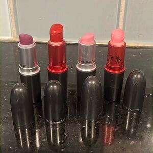 MAC Cosmetics used lipsticks. Colors are radiant. Colors are Pink Purple Red